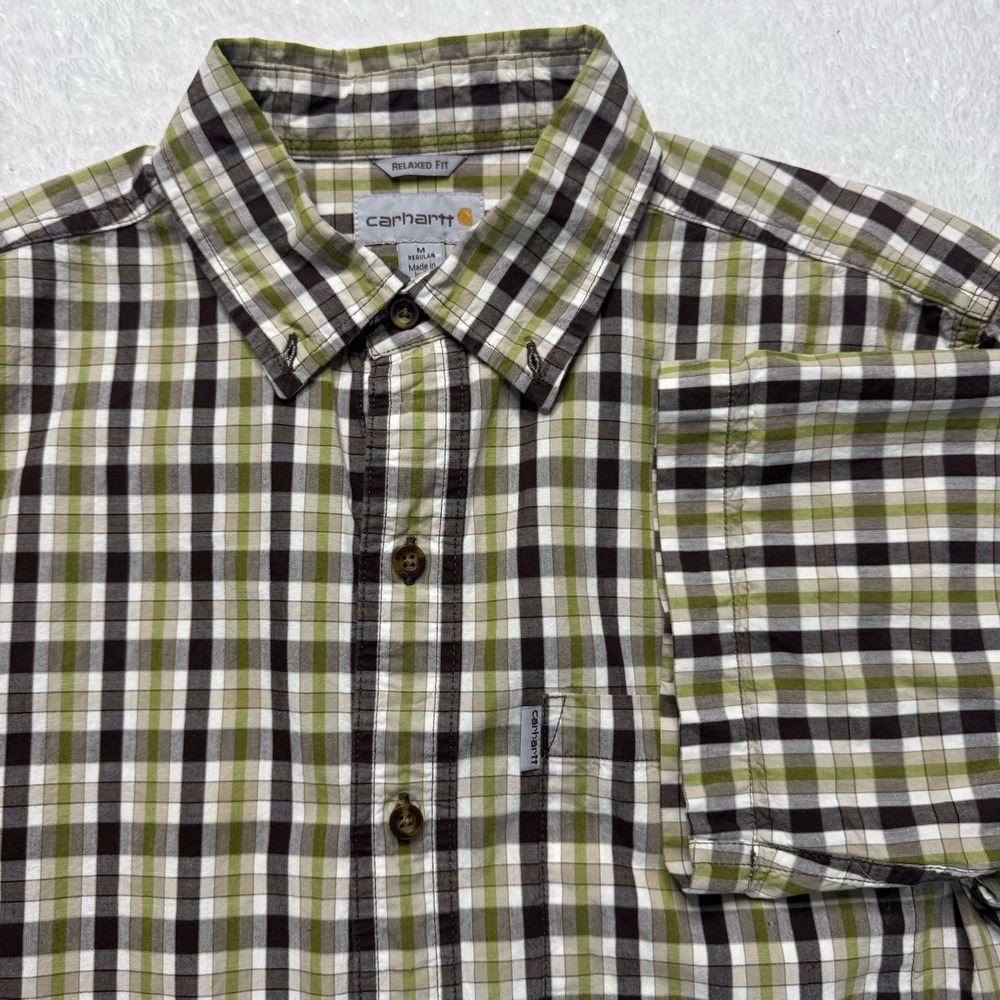 Carhartt Button Down Shirt Mens M Green‎ Brown Plaid Relaxed Fit Cotton